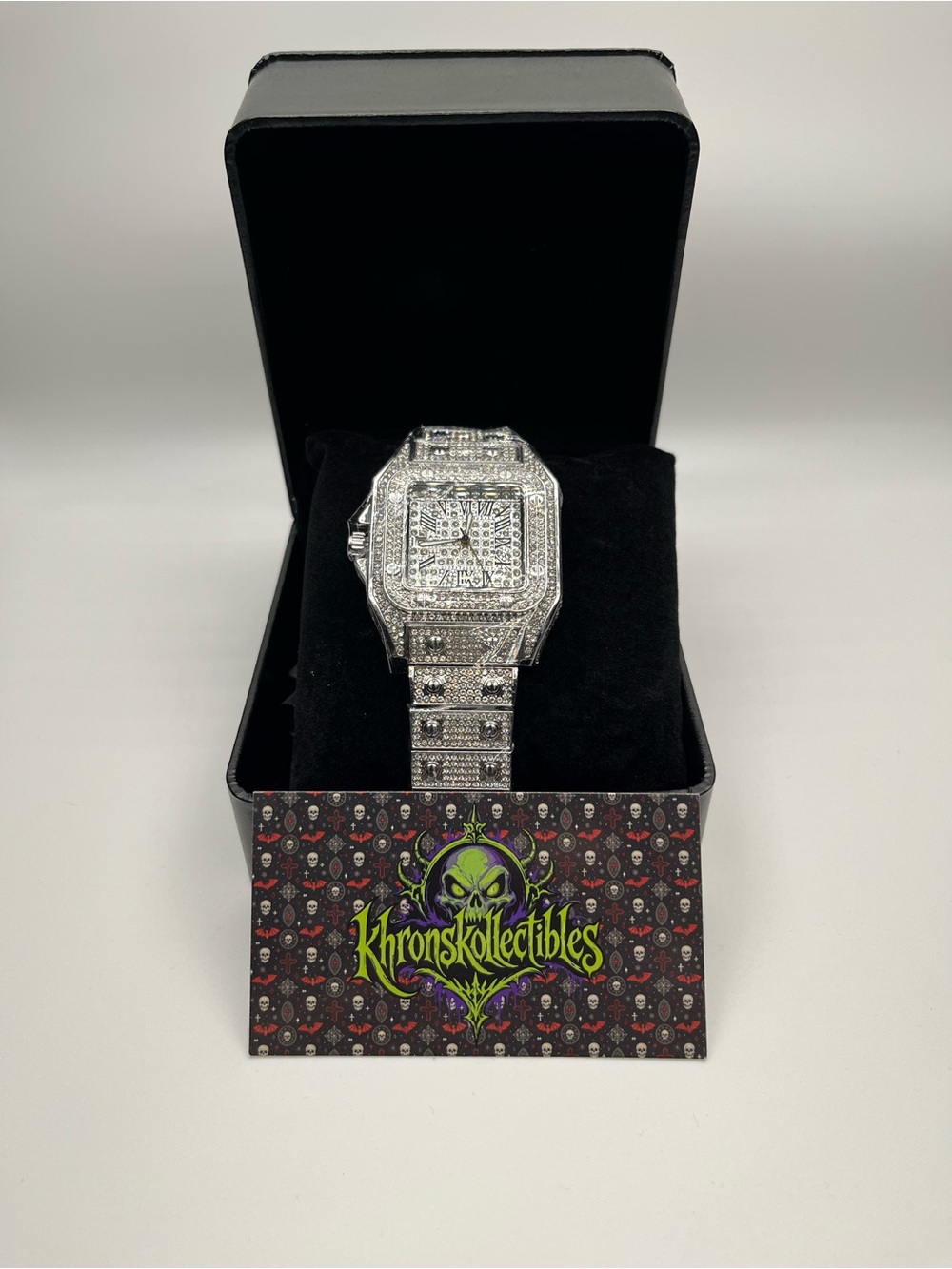 Moissanite Accent Gem-Set Square Analog Wristwatch Roman Numerals w/ Box